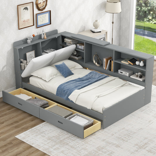 Gray twin bed frame with integrated bookshelves and storage drawers