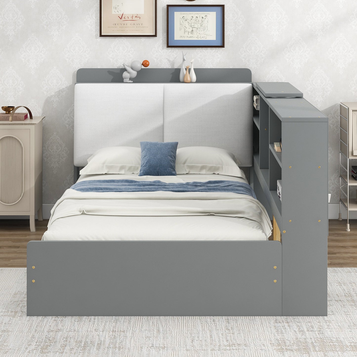 Modern grey platform bed frame with builtin headboard bookshelf for stylish storage