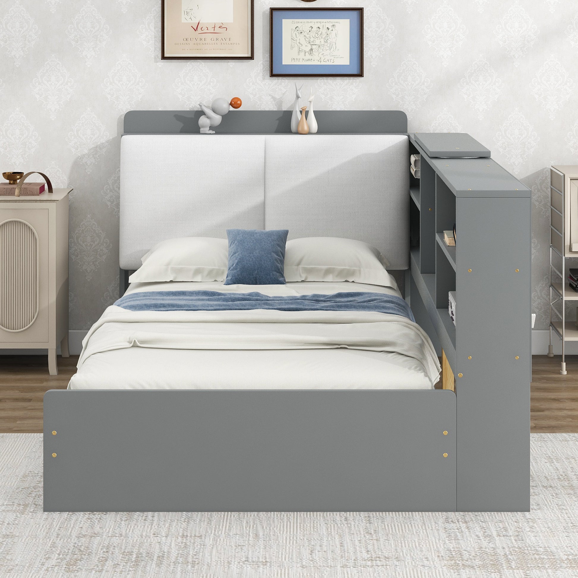 Modern grey platform bed frame with builtin headboard bookshelf for stylish storage