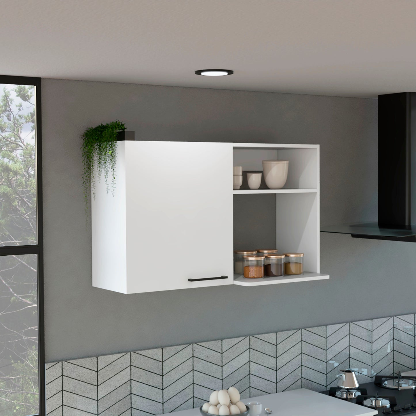 Modern white kitchen wall cabinet with open shelving and glass jars of spices