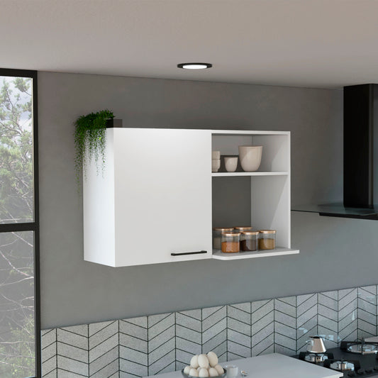 Modern white kitchen wall cabinet with open shelving and glass jars of spices