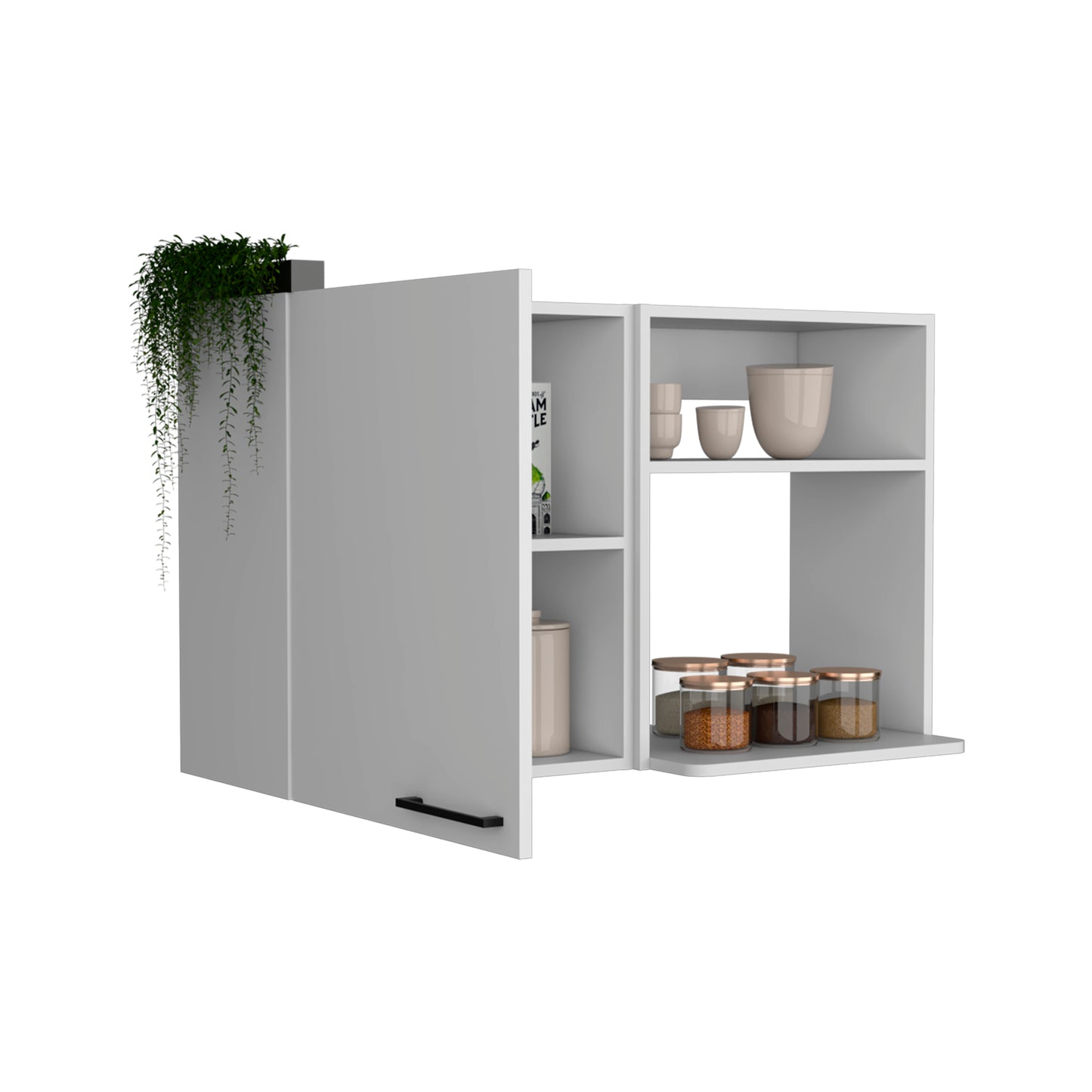 Modern white kitchen cabinet with open shelving and cascading plant