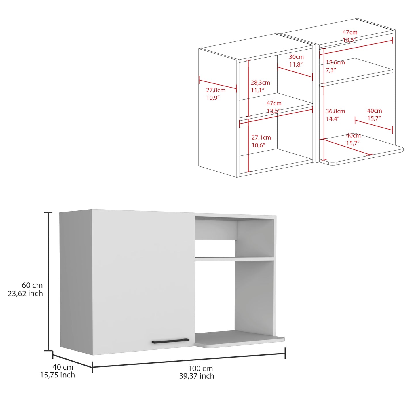 White wall cabinet with one door and open shelves