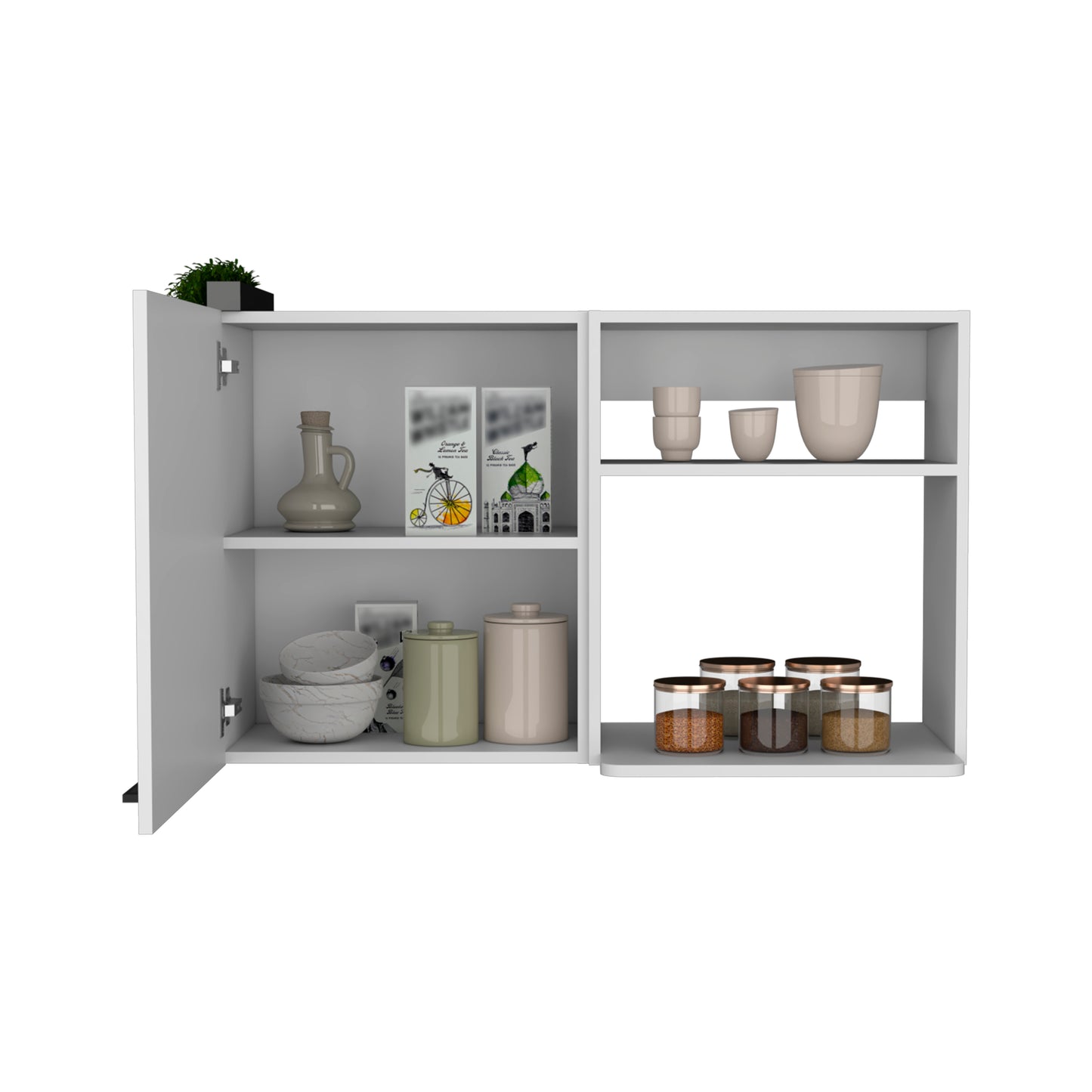 White wallmounted cabinet with open doors displaying kitchenware