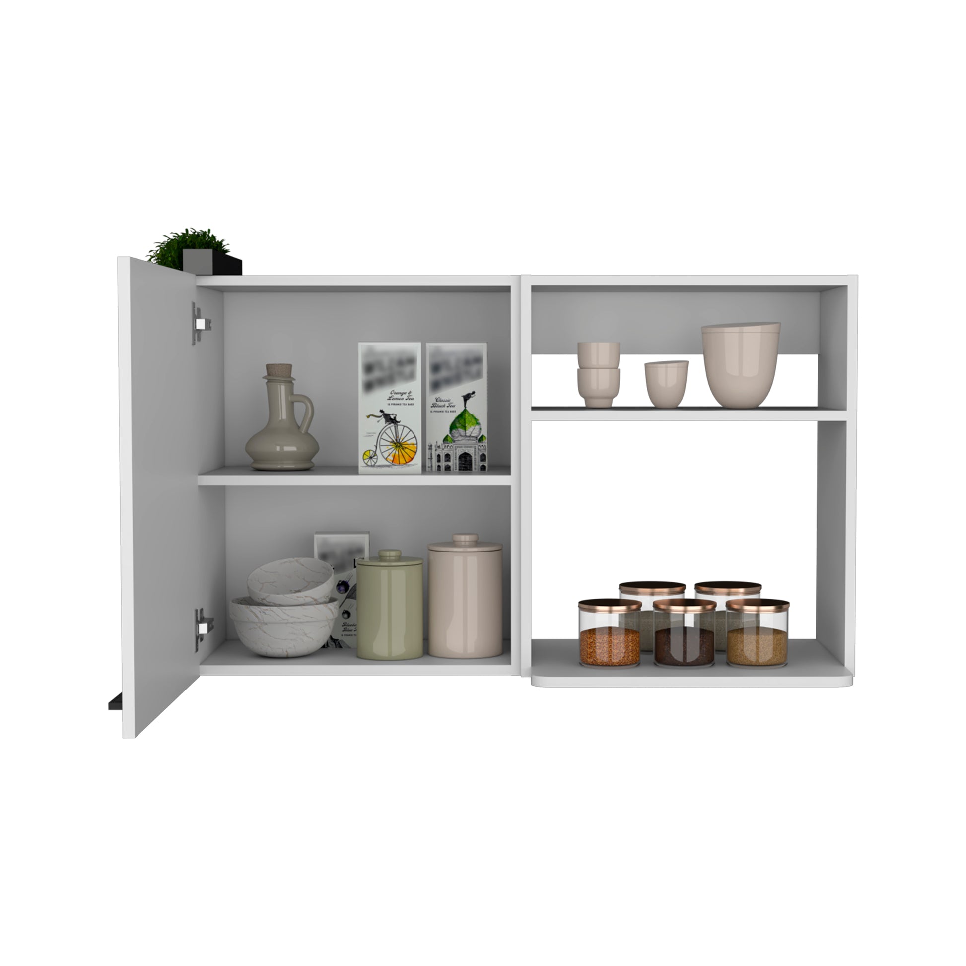 White wallmounted cabinet with open doors displaying kitchenware