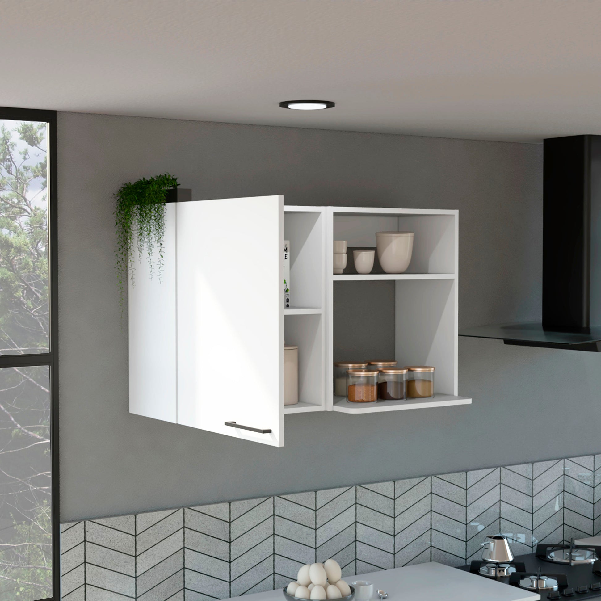White kitchen wall cabinet with open shelves storing jars and mugs