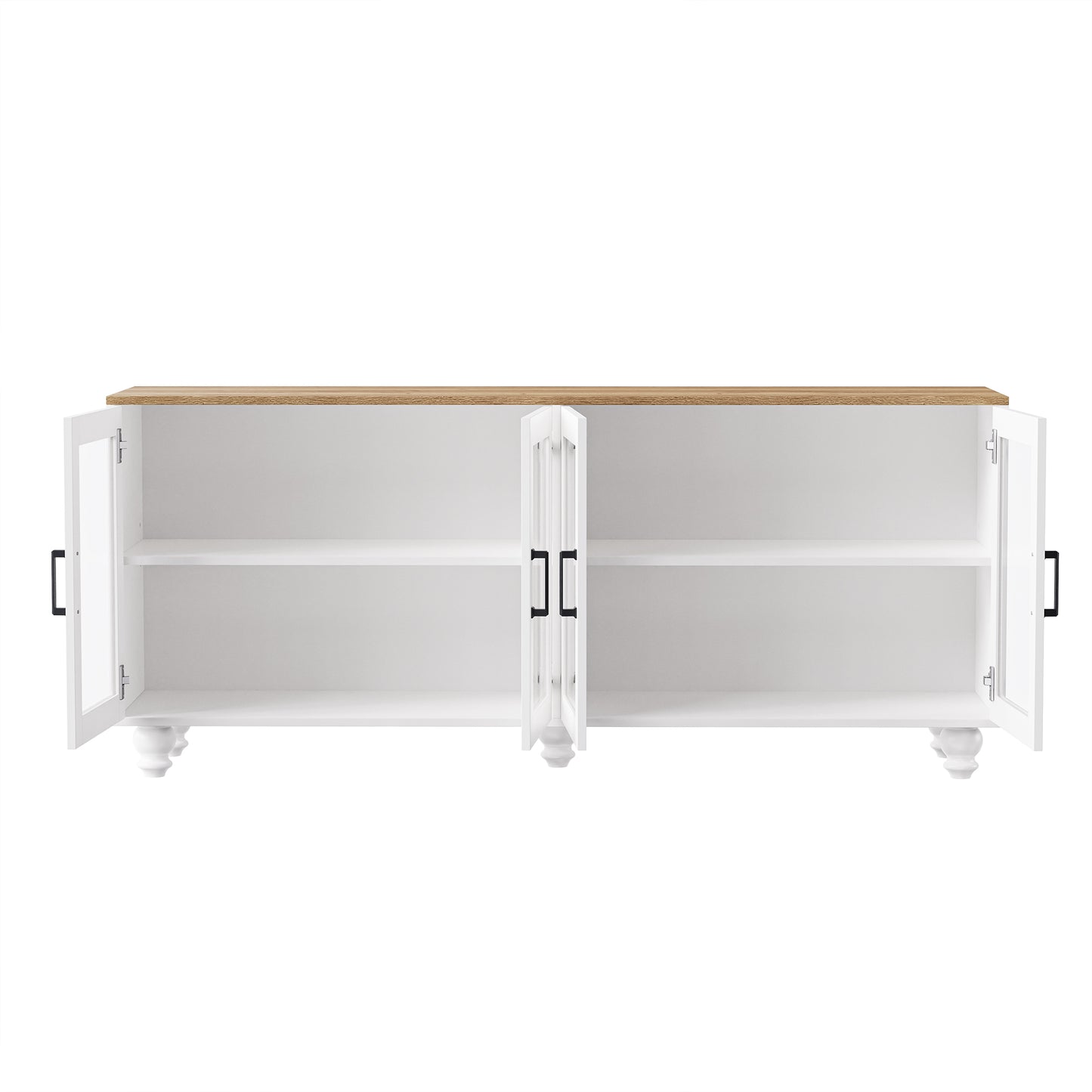 White media console with oak top and glass doors