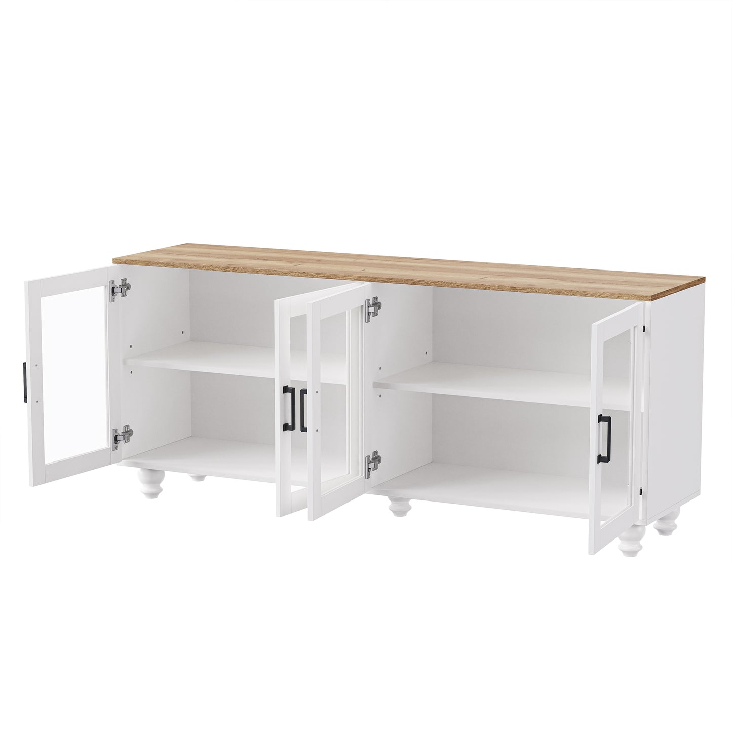 White sideboard with glass doors and oak top featuring open compartments for storage