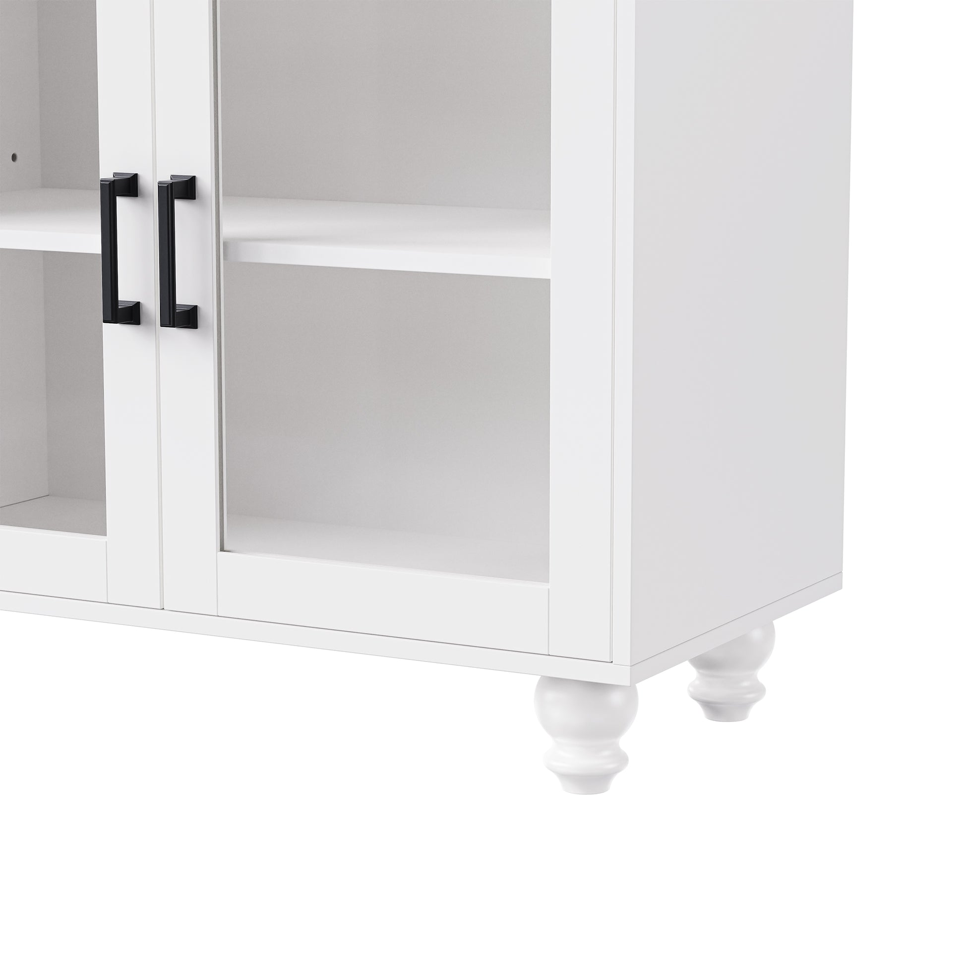 White accent cabinet with glass doors and black square handles