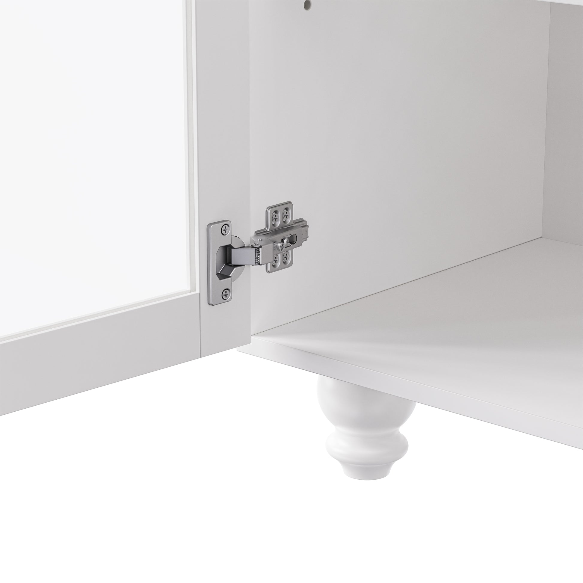Closeup of white cabinet hinge with silver finish and visible screws