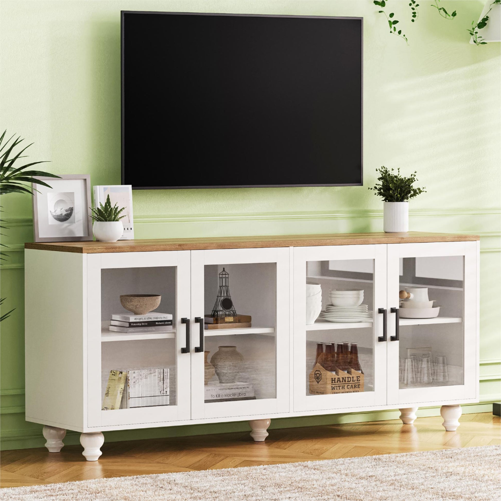 White and wood media console with glass doors