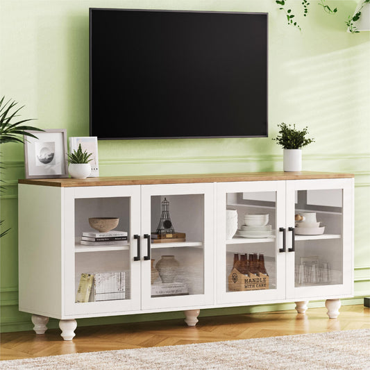 White and wood media console with glass doors