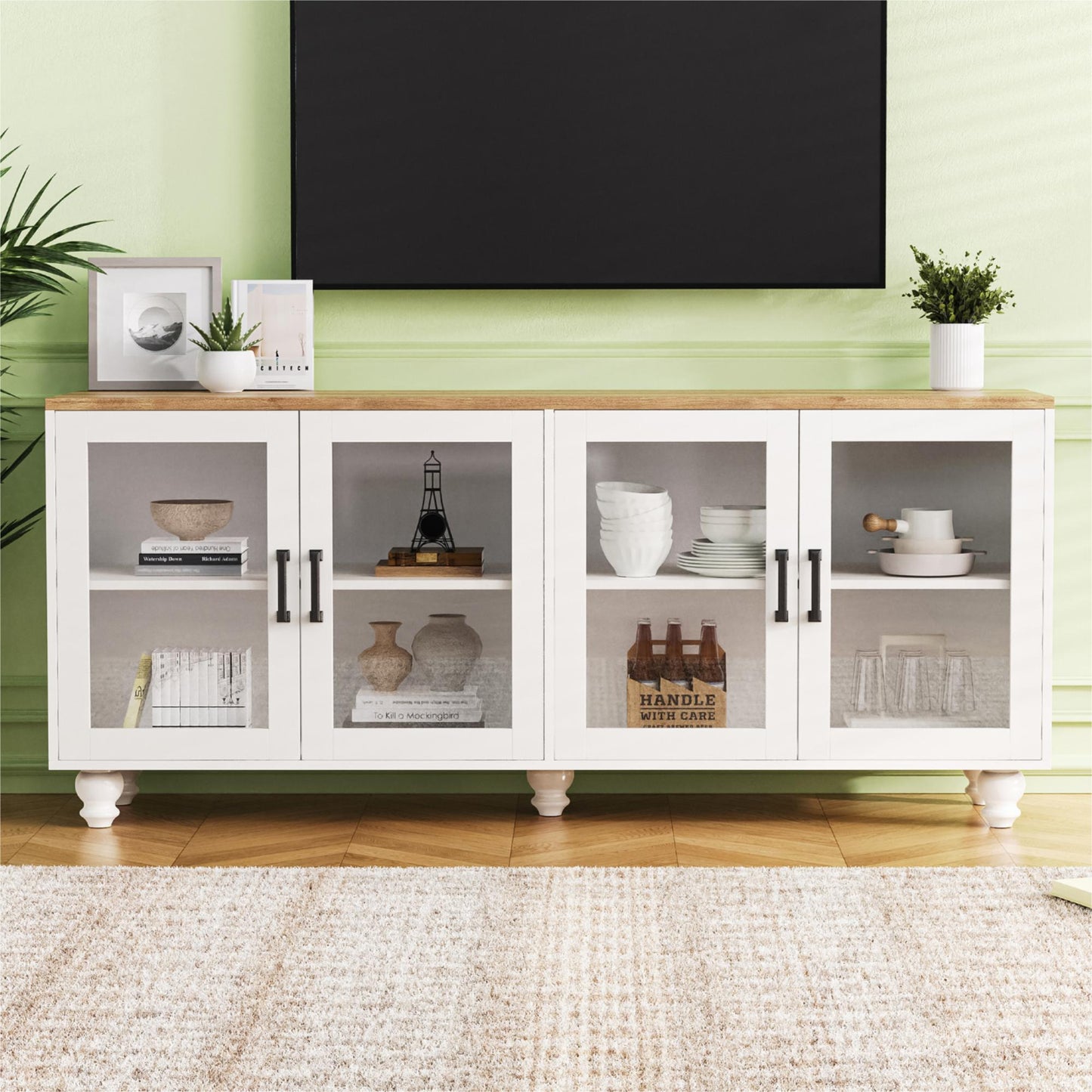 White sideboard with glass doors and oak top