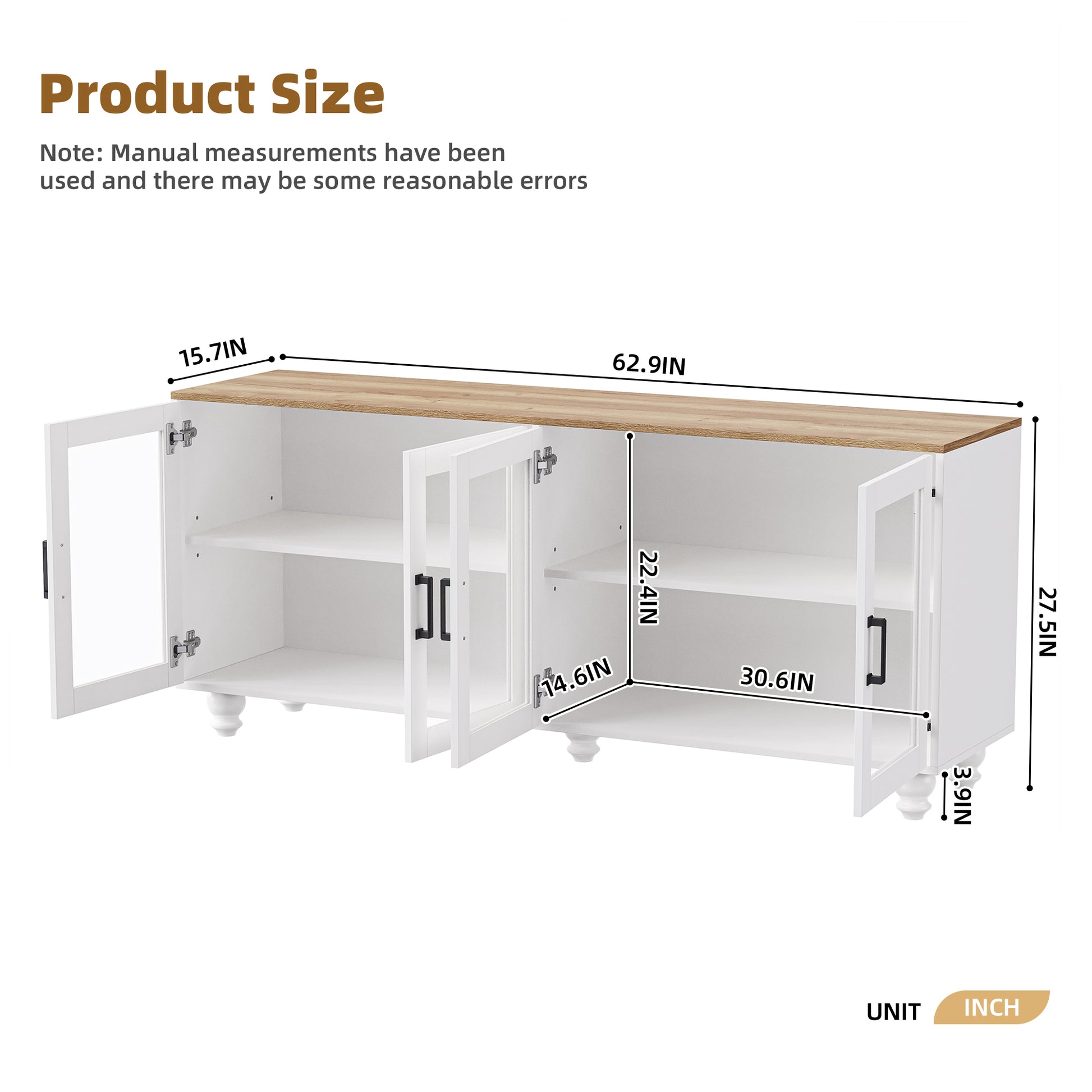 White media console with glass doors and wood top in wide