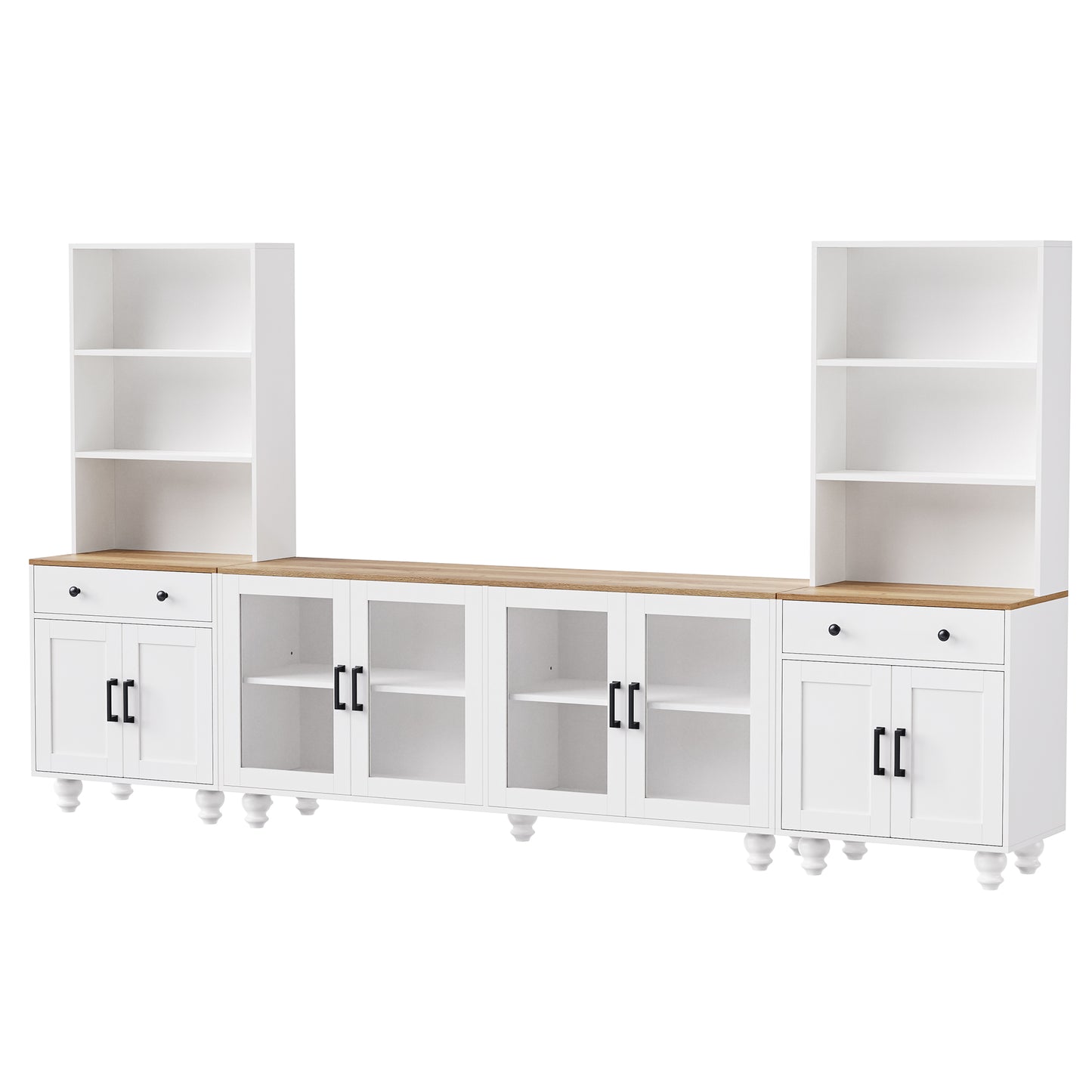 White media console with glass doors and wood top