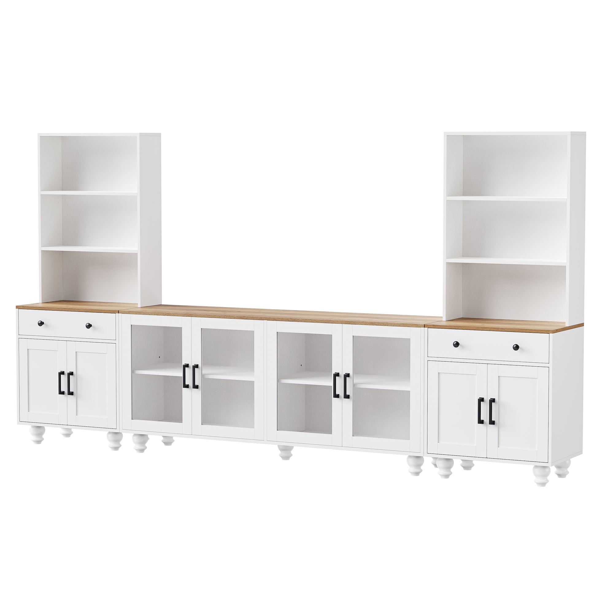 White media console with glass doors and wood top