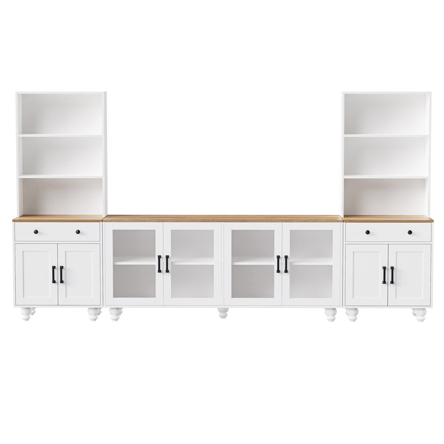 White modular media console with wood top and glass cabinet doors