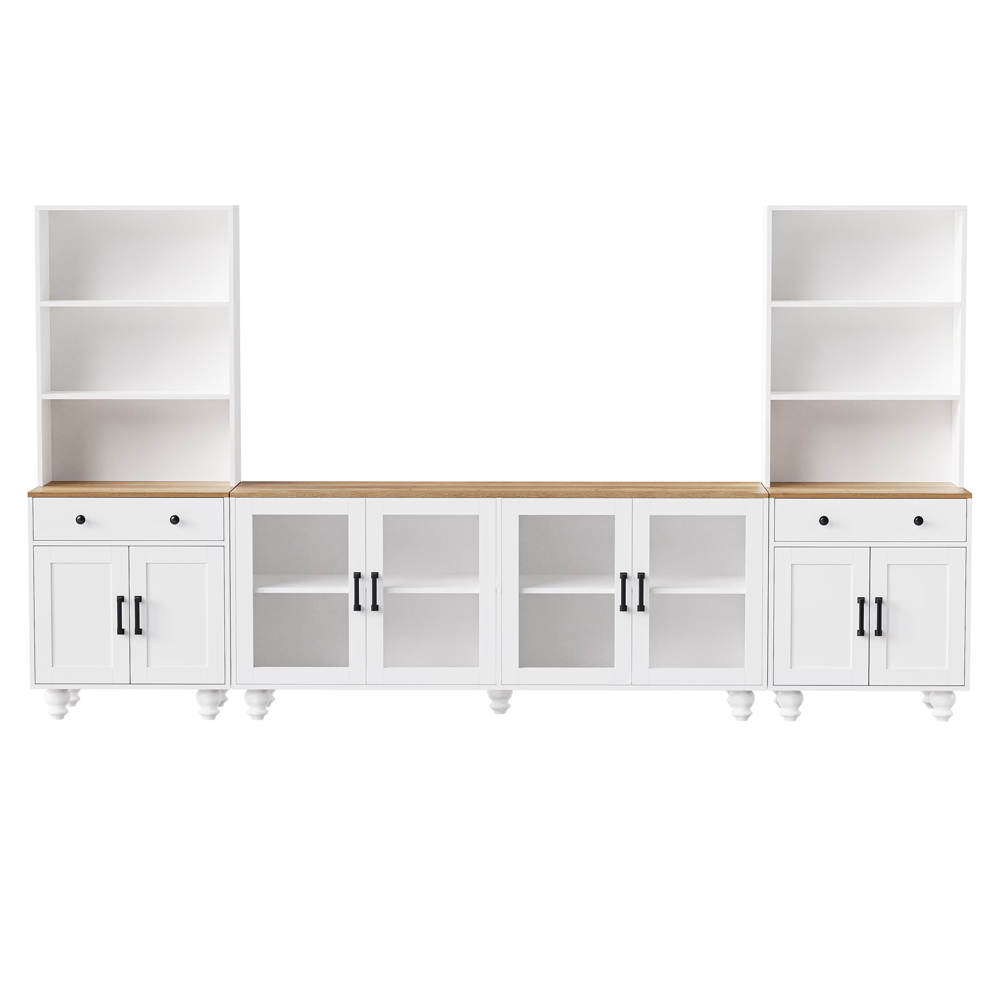 White modular media console with wood top and glass cabinet doors