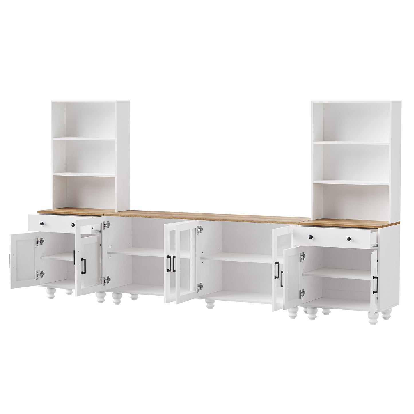 White modular storage cabinet with oak wood top and glass doors