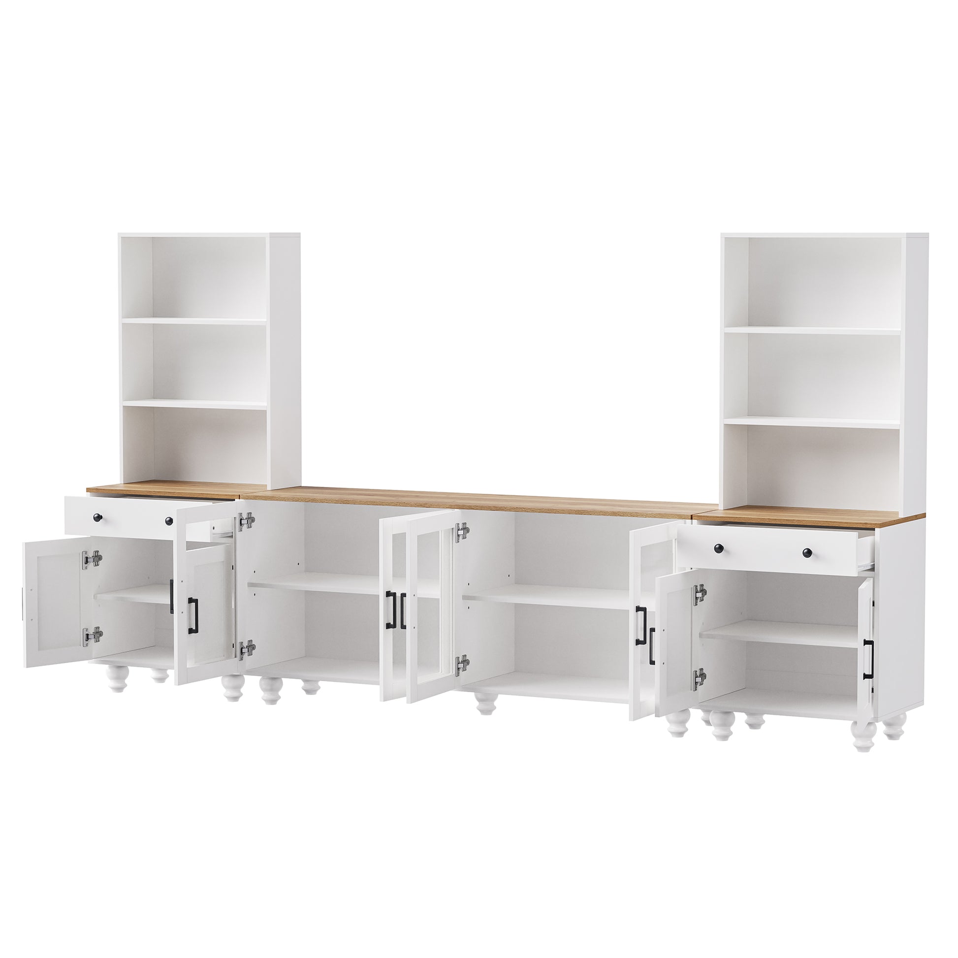 White modular storage cabinet with oak wood top and glass doors