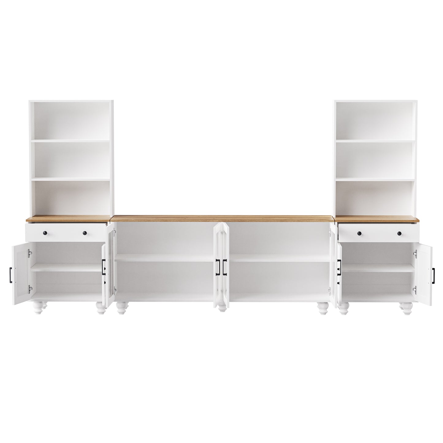 White modular media console with open shelves and cabinet doors