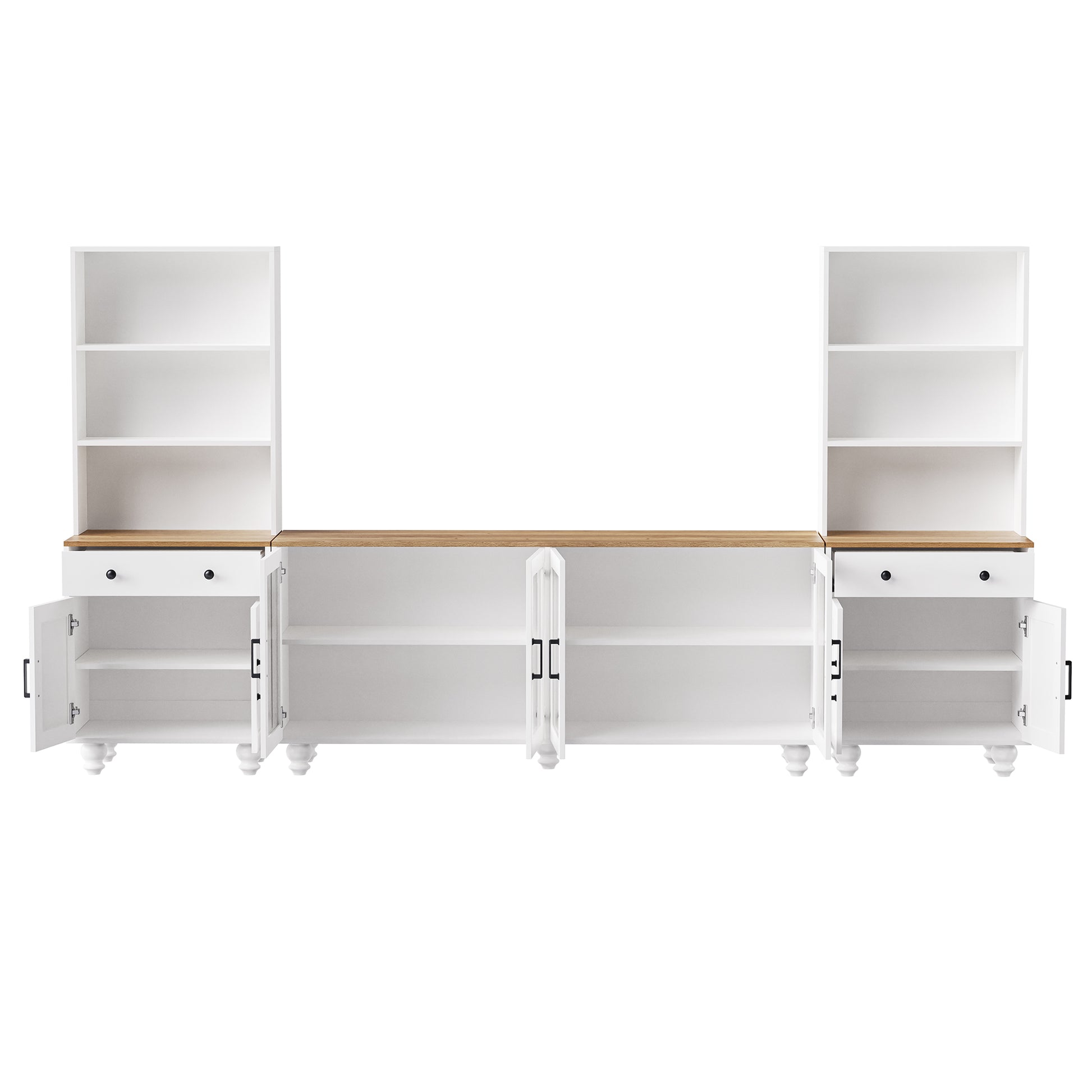 White modular media console with open shelves and cabinet doors