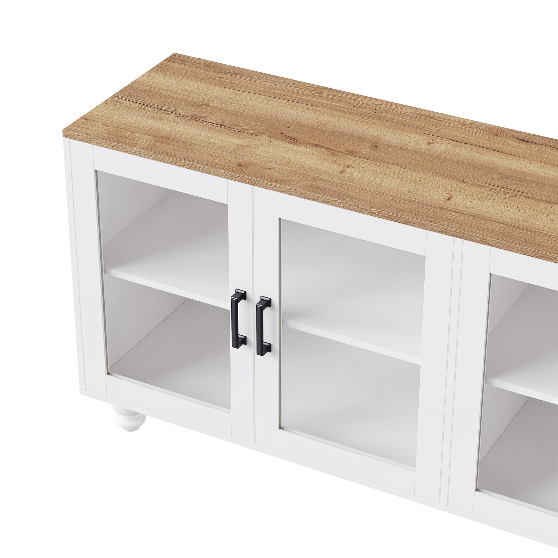 White media console with glass doors and oak top