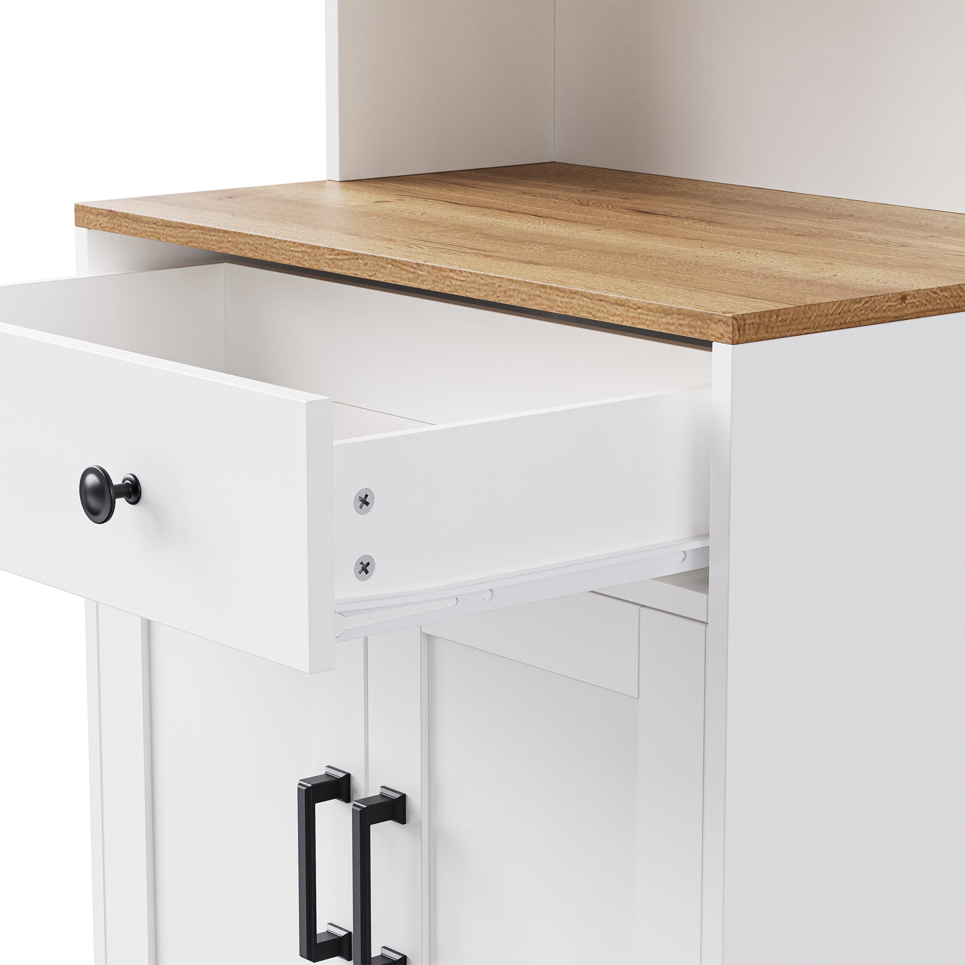 White kitchen cabinet with wood grain countertop and black drawer pull