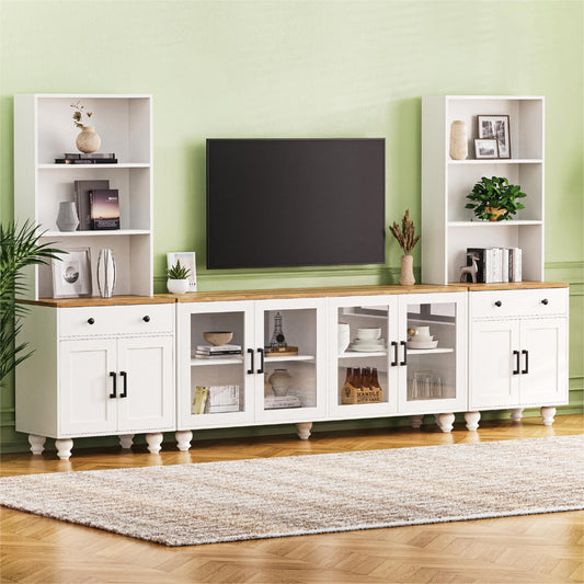 White farmhouse TV stand with glass doors and wood top