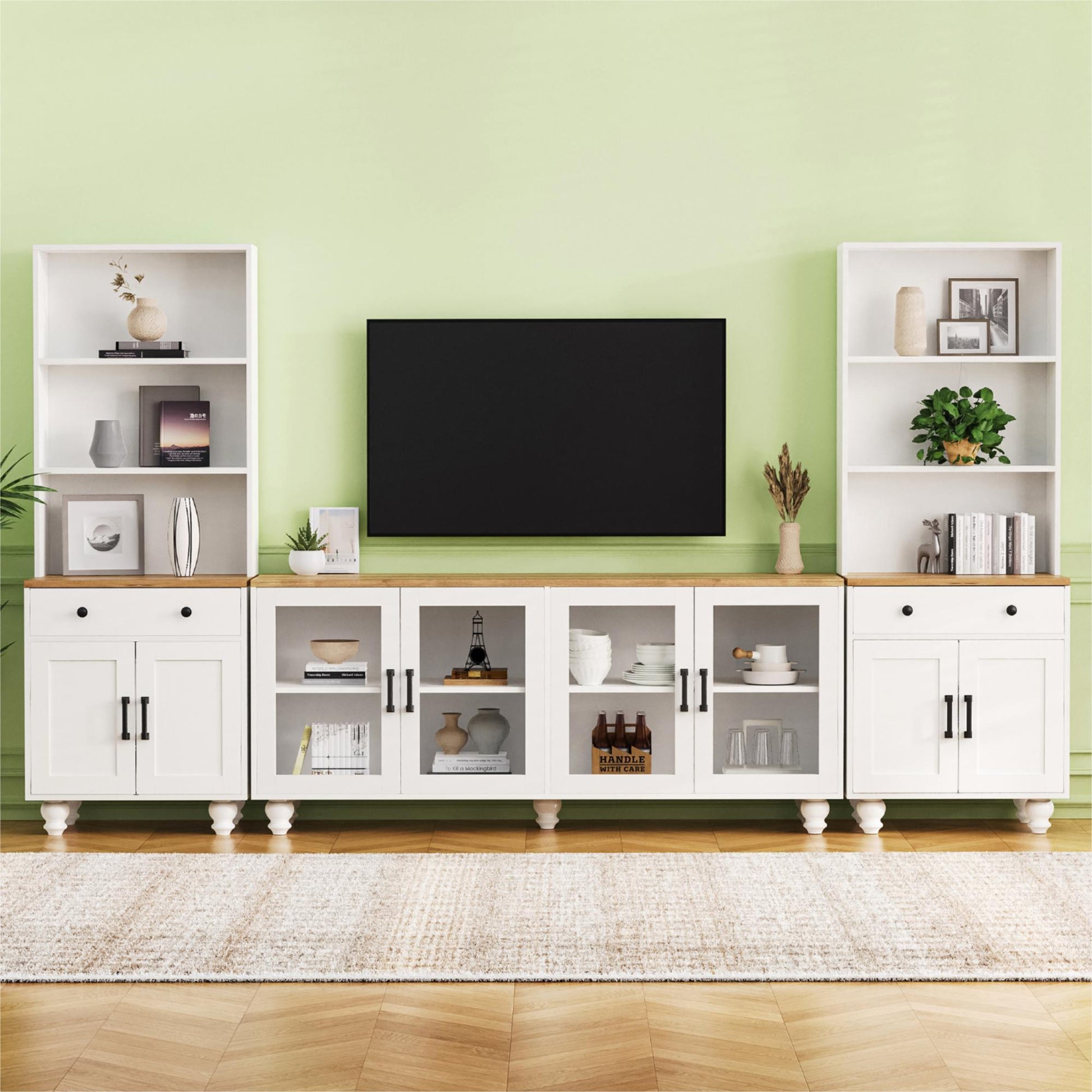 White media console with glass doors and wooden top