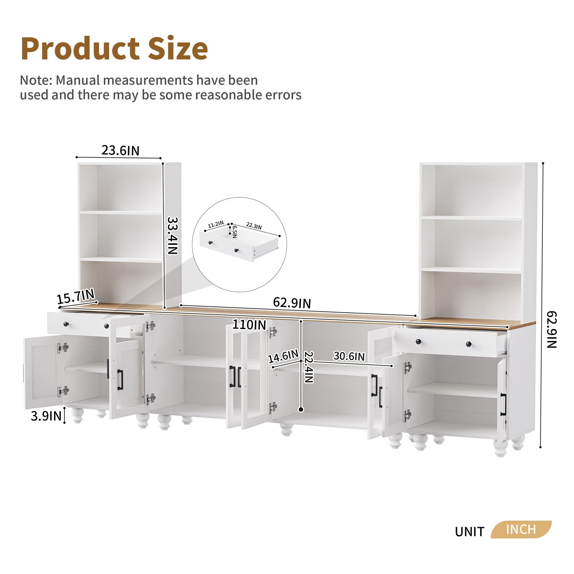 Diagram showing white buffet cabinet dimensions  inches long  inches high
