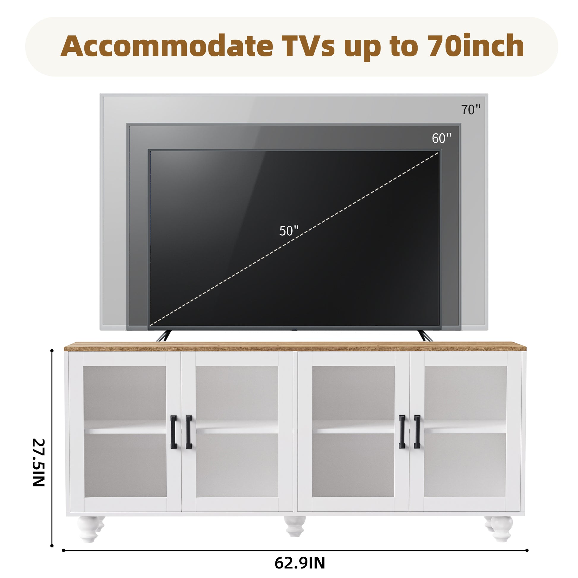 White TV stand with wood top accommodating TVs up to  inches