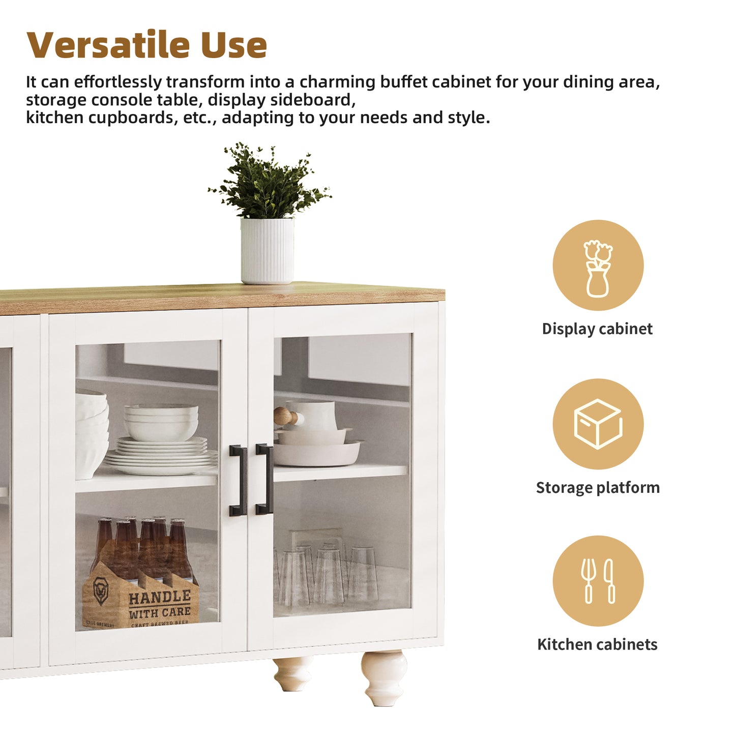 White buffet cabinet with glass doors wooden top and black handles displaying dishes and drinks