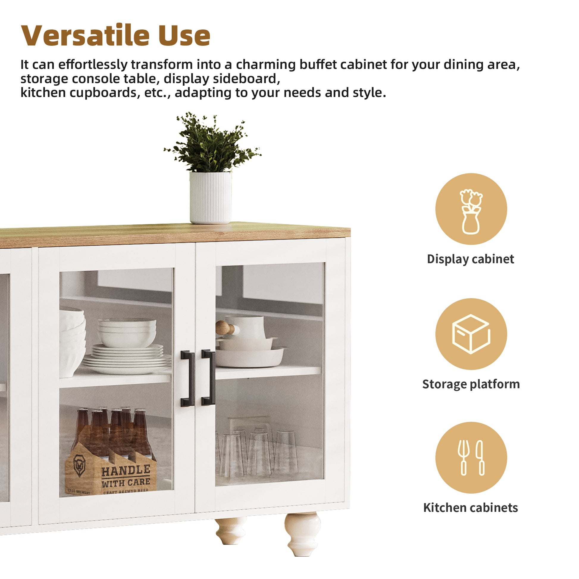 White buffet cabinet with glass doors wooden top and black handles displaying dishes and drinks