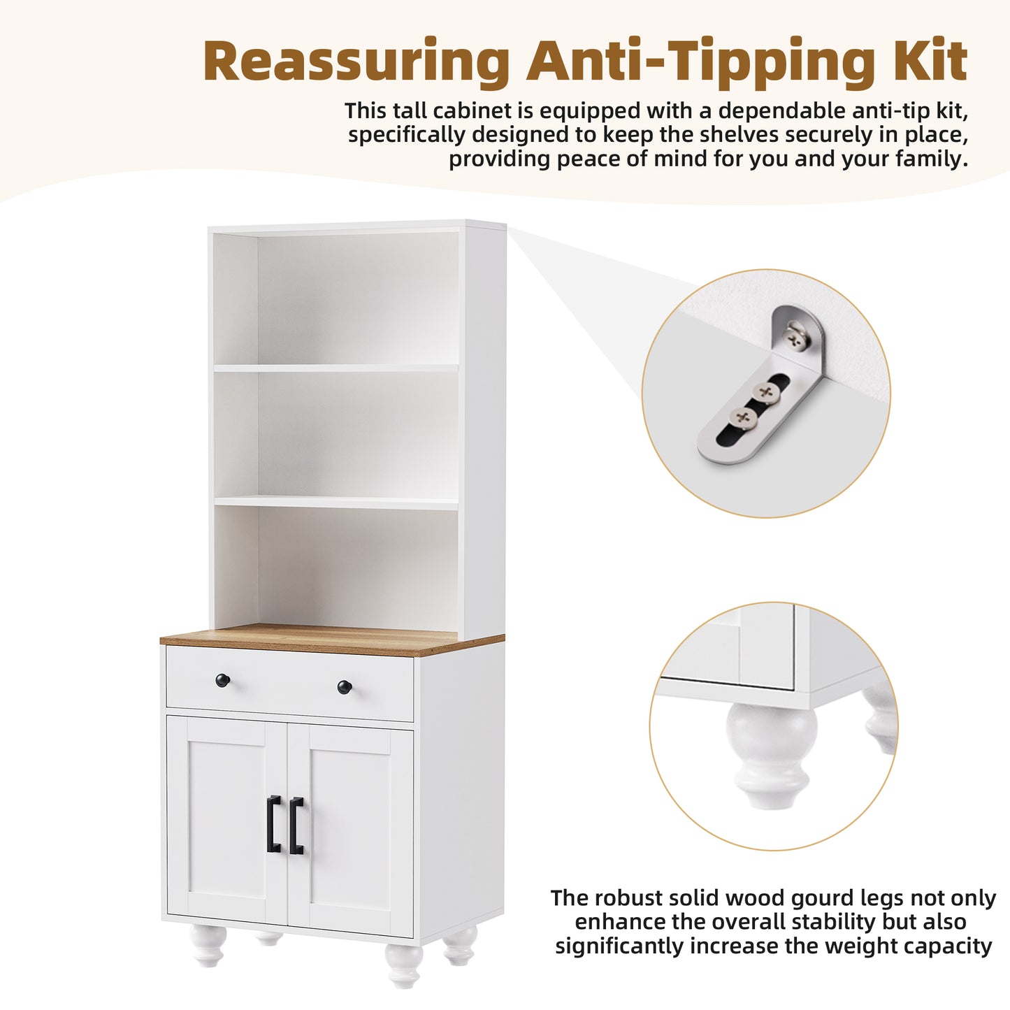 White tall storage cabinet with wood top two doors and an antitipping kit
