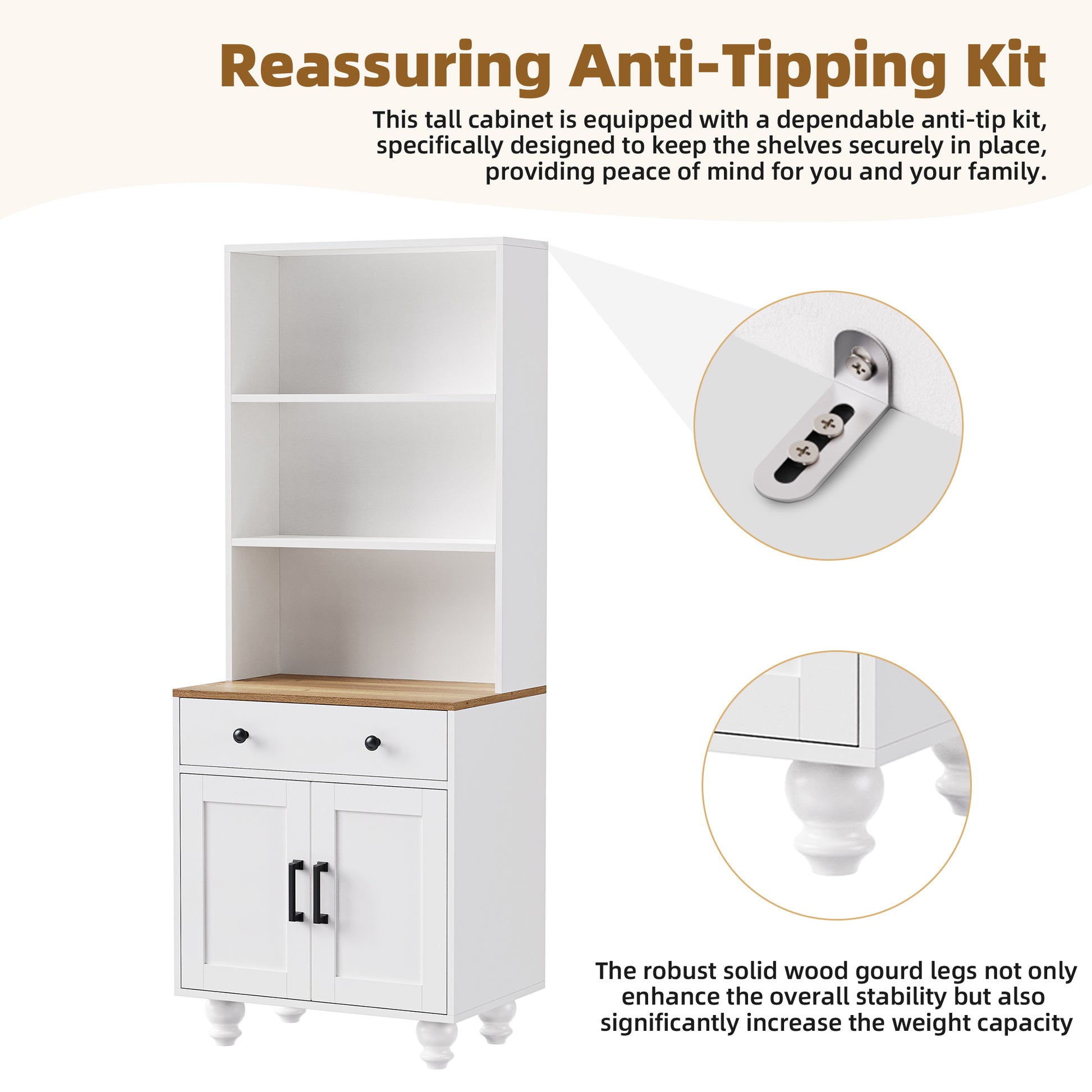 White tall storage cabinet with wood top two doors and an antitipping kit
