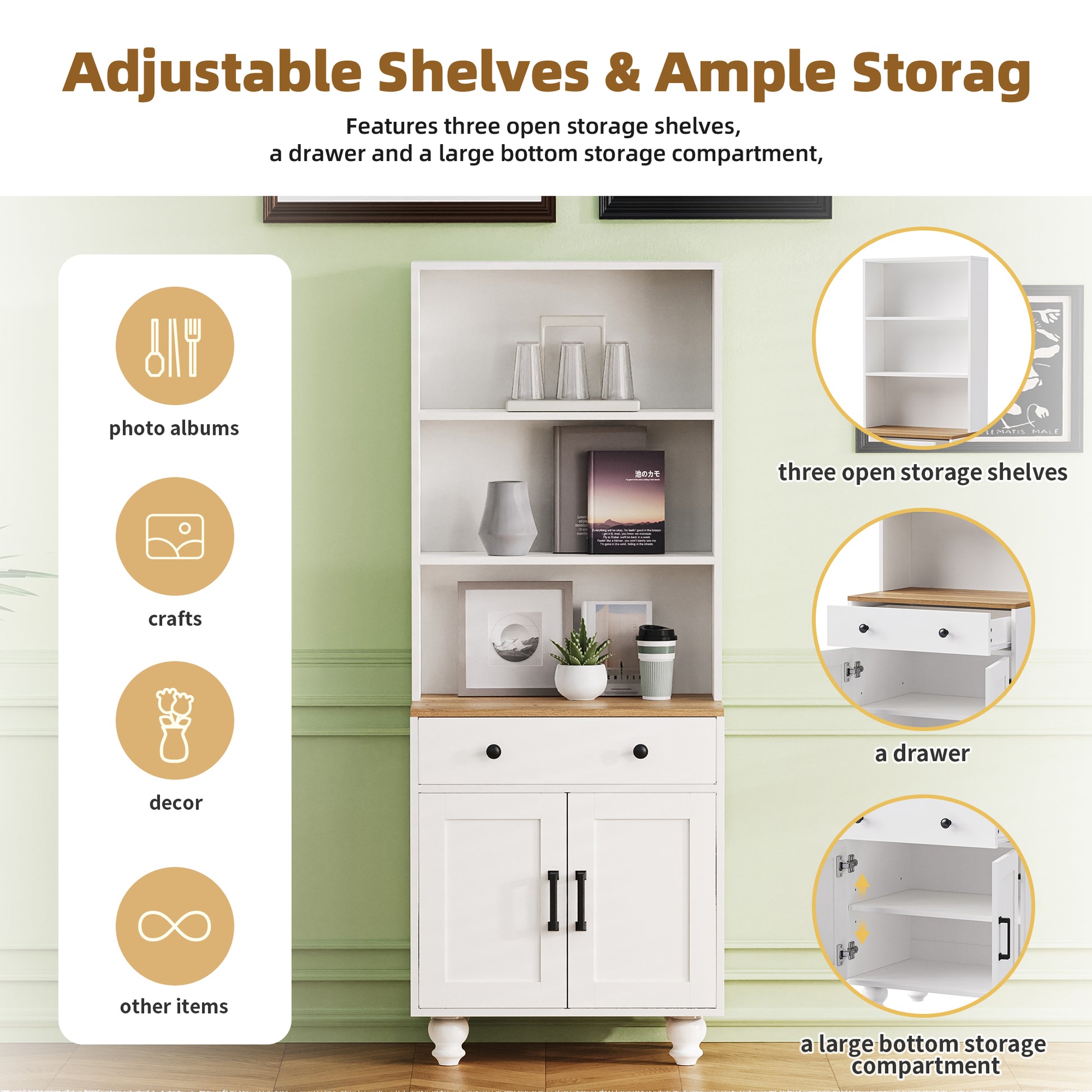 White wooden bookshelf with adjustable shelves and ample storage