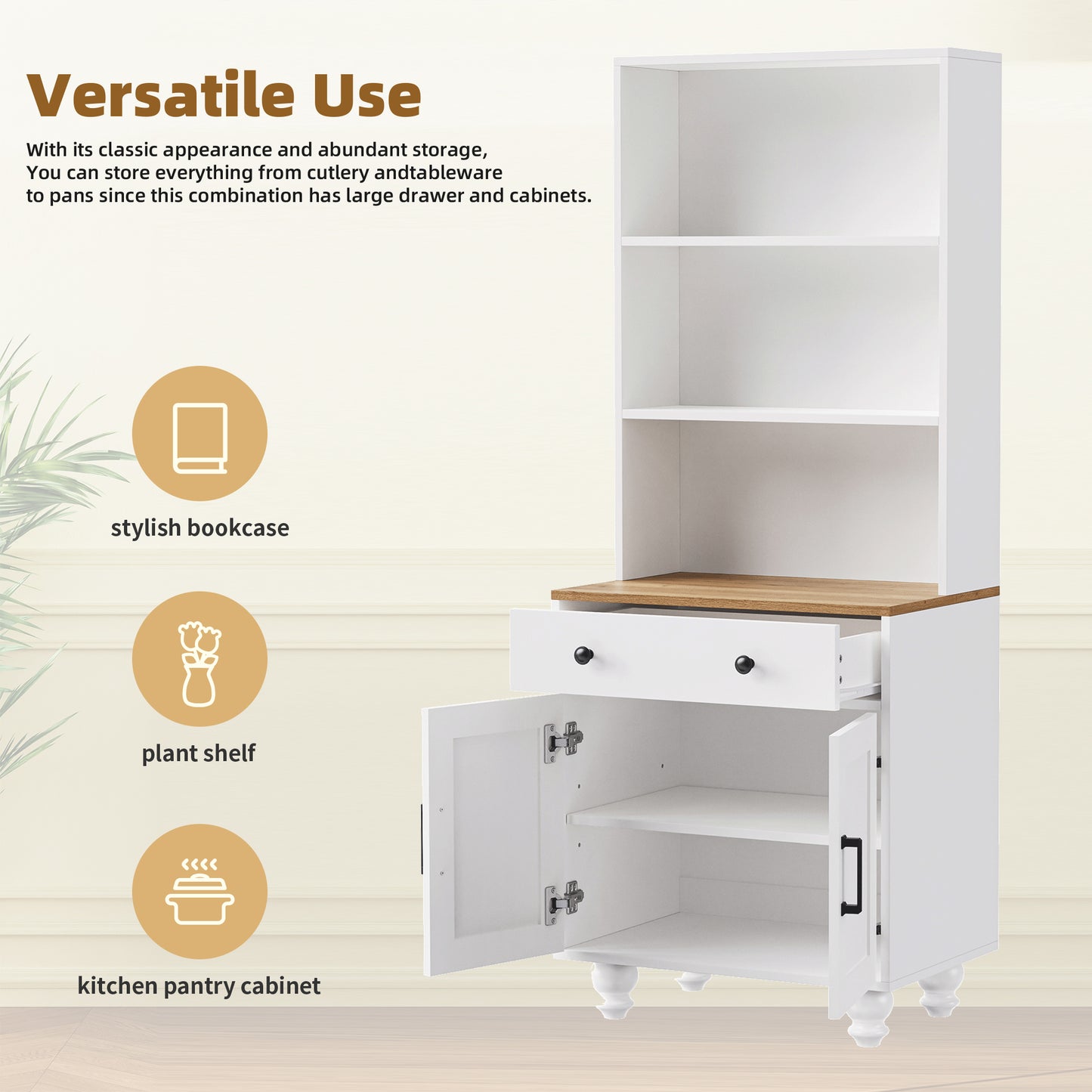 White wood kitchen pantry cabinet with open drawer and doors showcasing ample storage