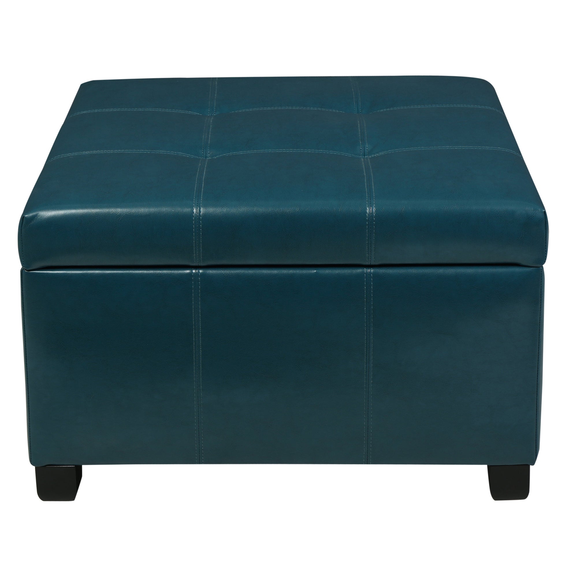 Teal faux leather storage ottoman with tufted top and square legs