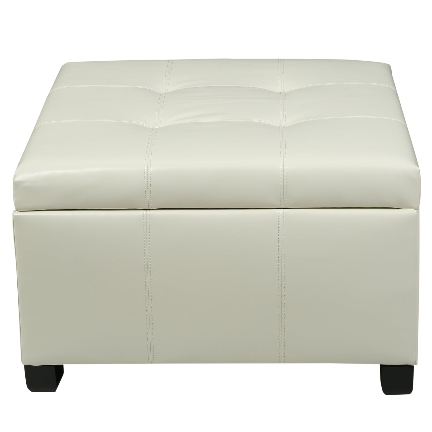 Cream faux leather storage ottoman with tufted top and black feet
