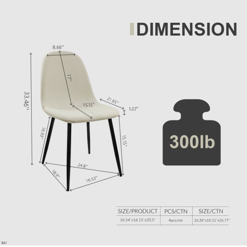 Cream fabric dining chair with black metal legs and dimensions