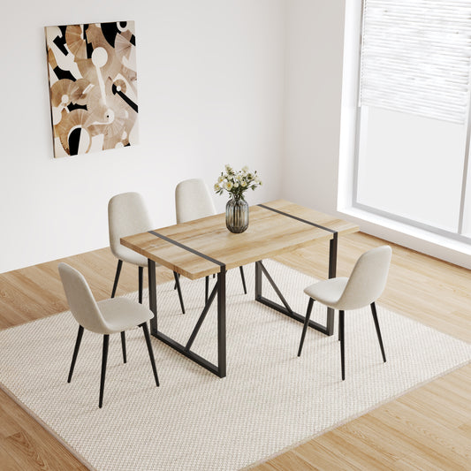 Modern dining table with natural wood top and black metal base