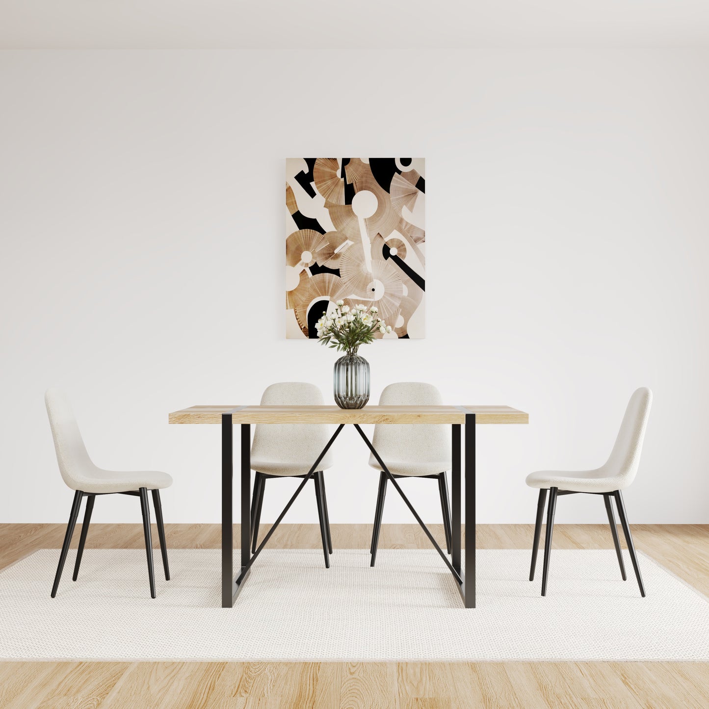 Light beige dining chair with black metal legs
