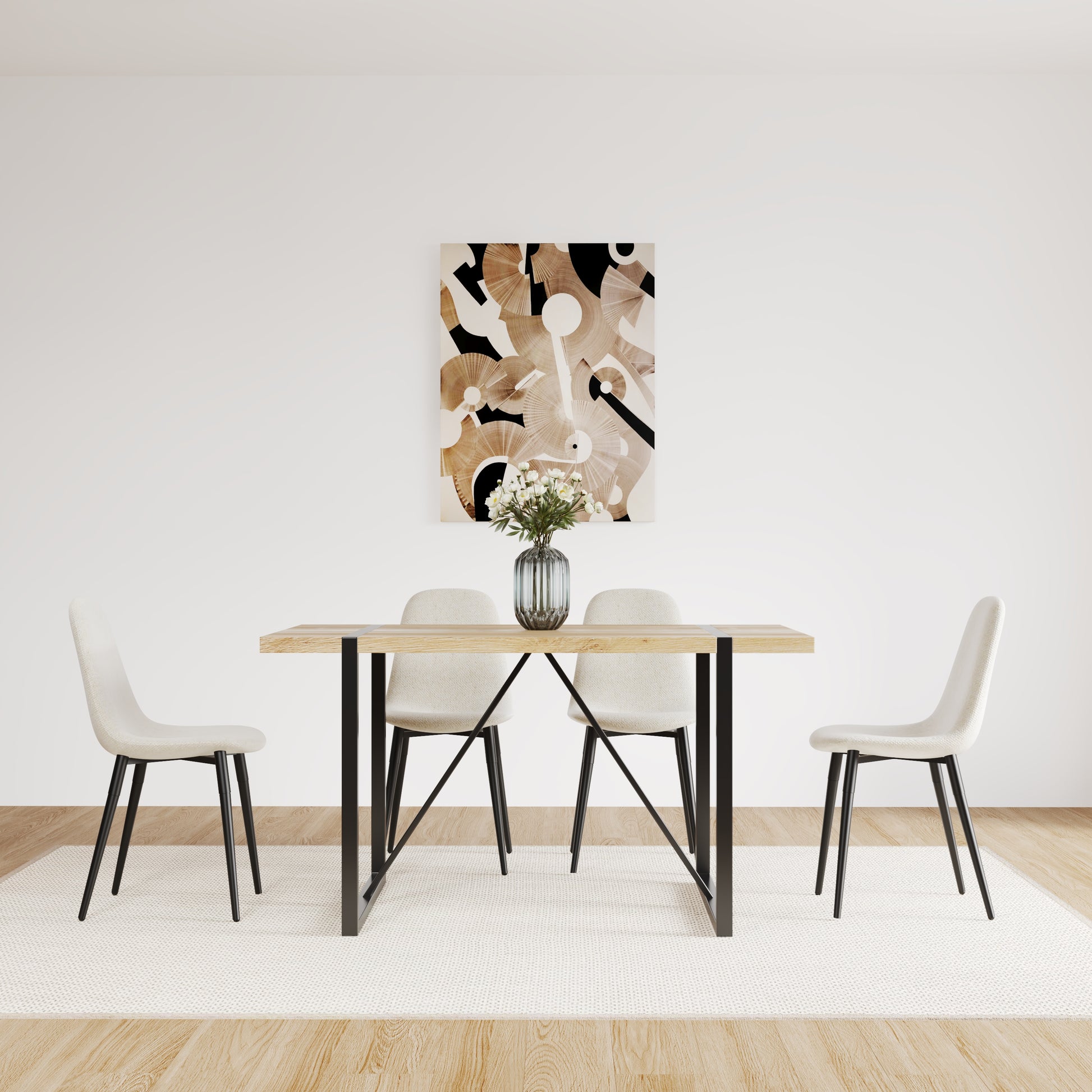 Light beige dining chair with black metal legs
