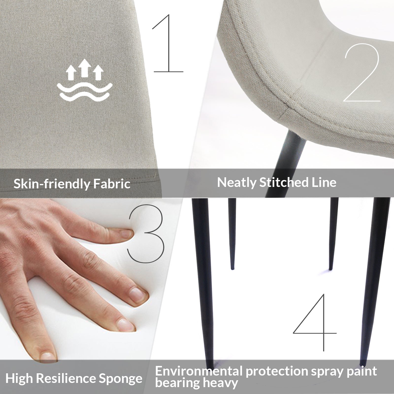 Closeup of beige skinfriendly fabric with breathability icon on a modern chair