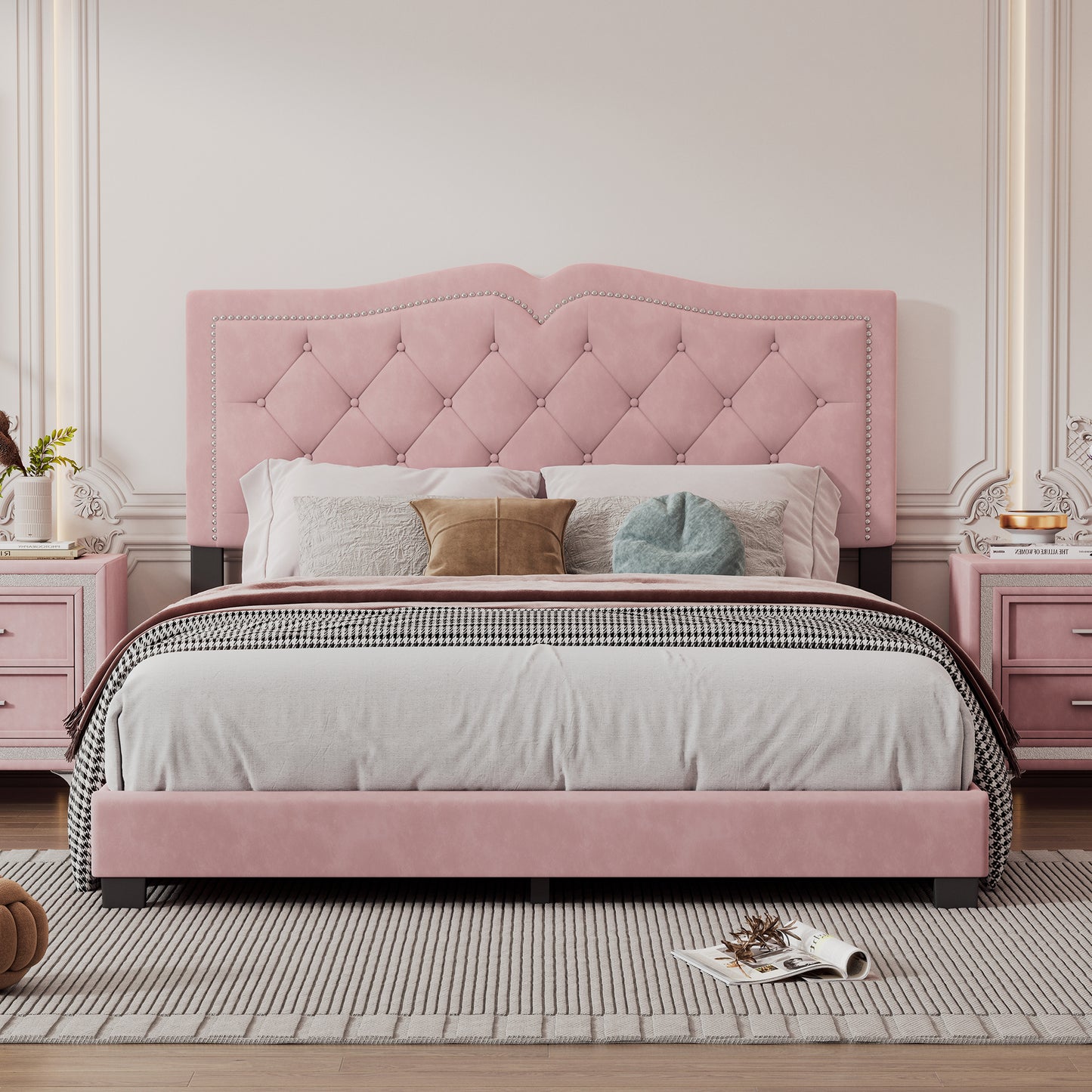 Elegant pink velvet tufted bed frame with silver nailhead trim queen size