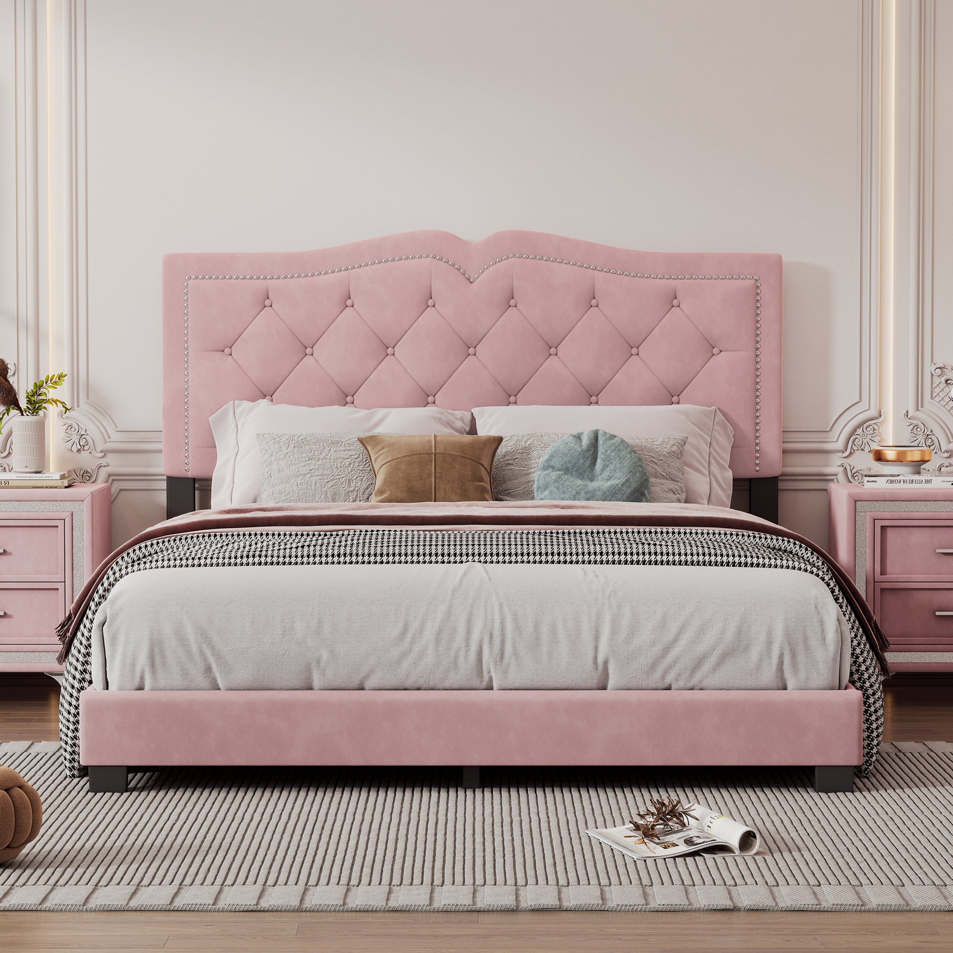 Elegant pink velvet tufted bed frame with silver nailhead trim queen size