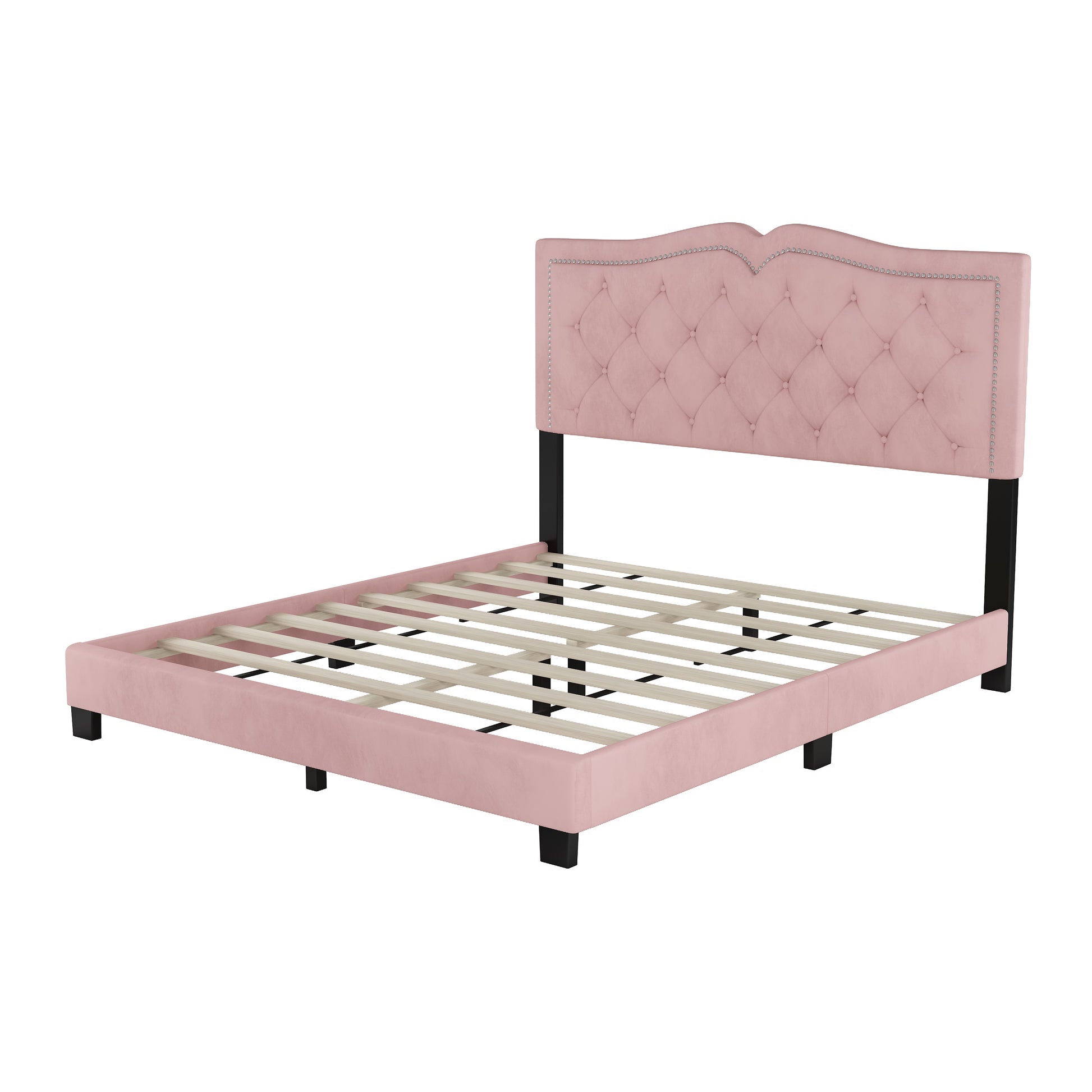Pink velvet tufted bed frame with silver nailhead trim
