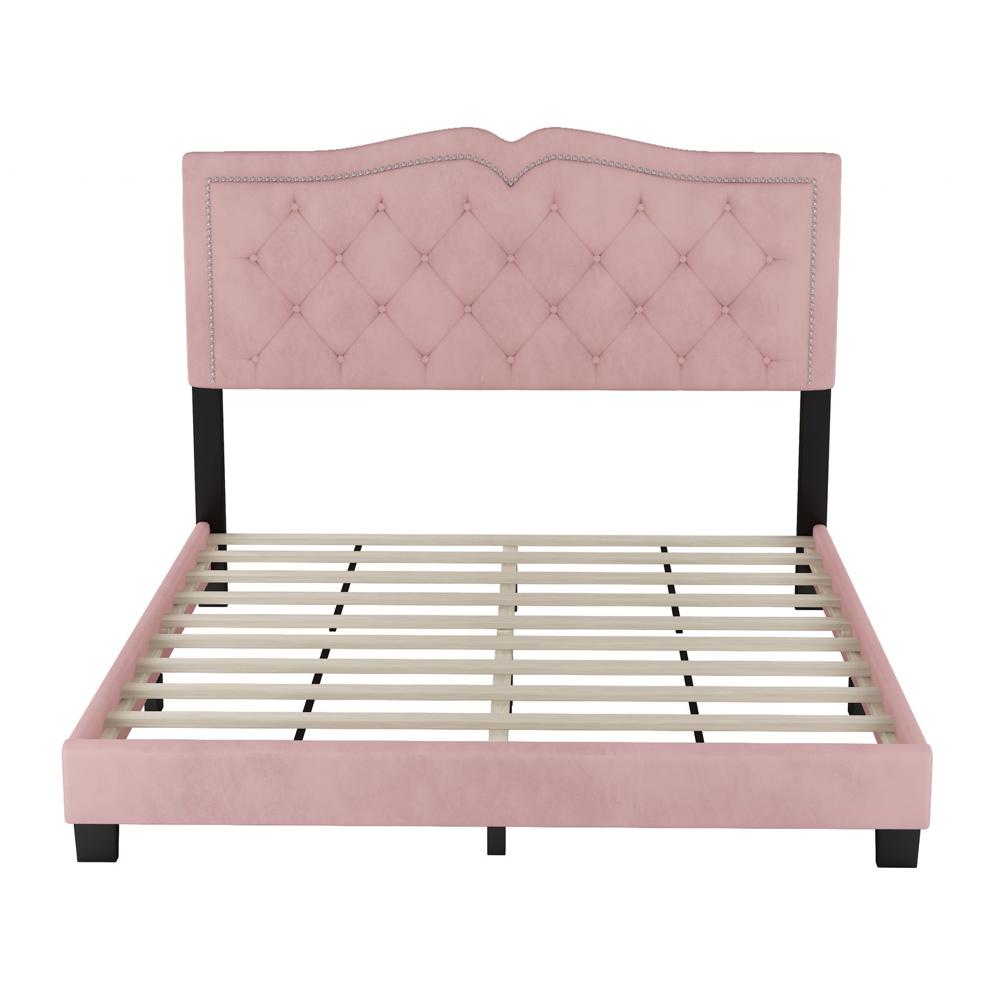 Pink velvet upholstered bed frame with tufted headboard and silver nailhead trim