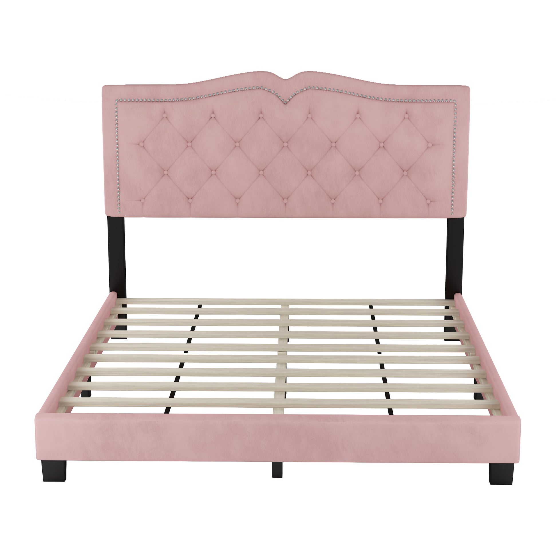 Pink velvet upholstered bed frame with tufted headboard and silver nailhead trim